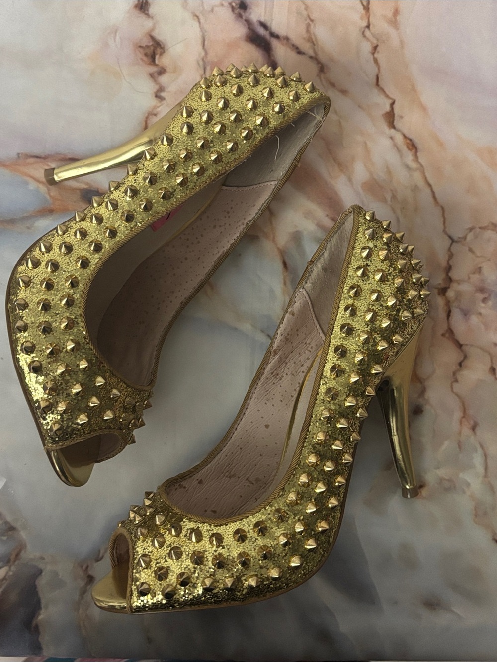 Betsey Johnson Gold Studded Peep-Toe Heels